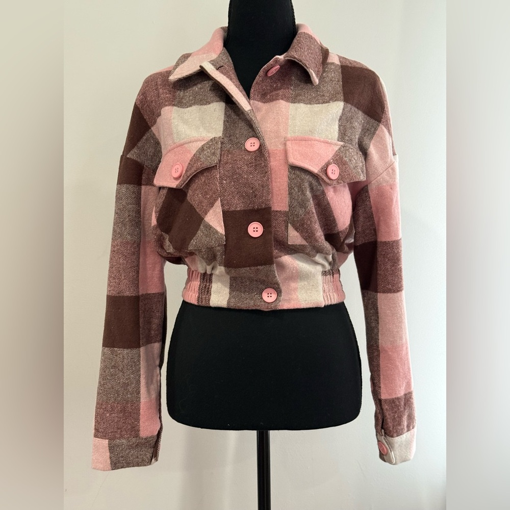 Timing S Plaid Pink and Brown Women's Cropped Button Down 098